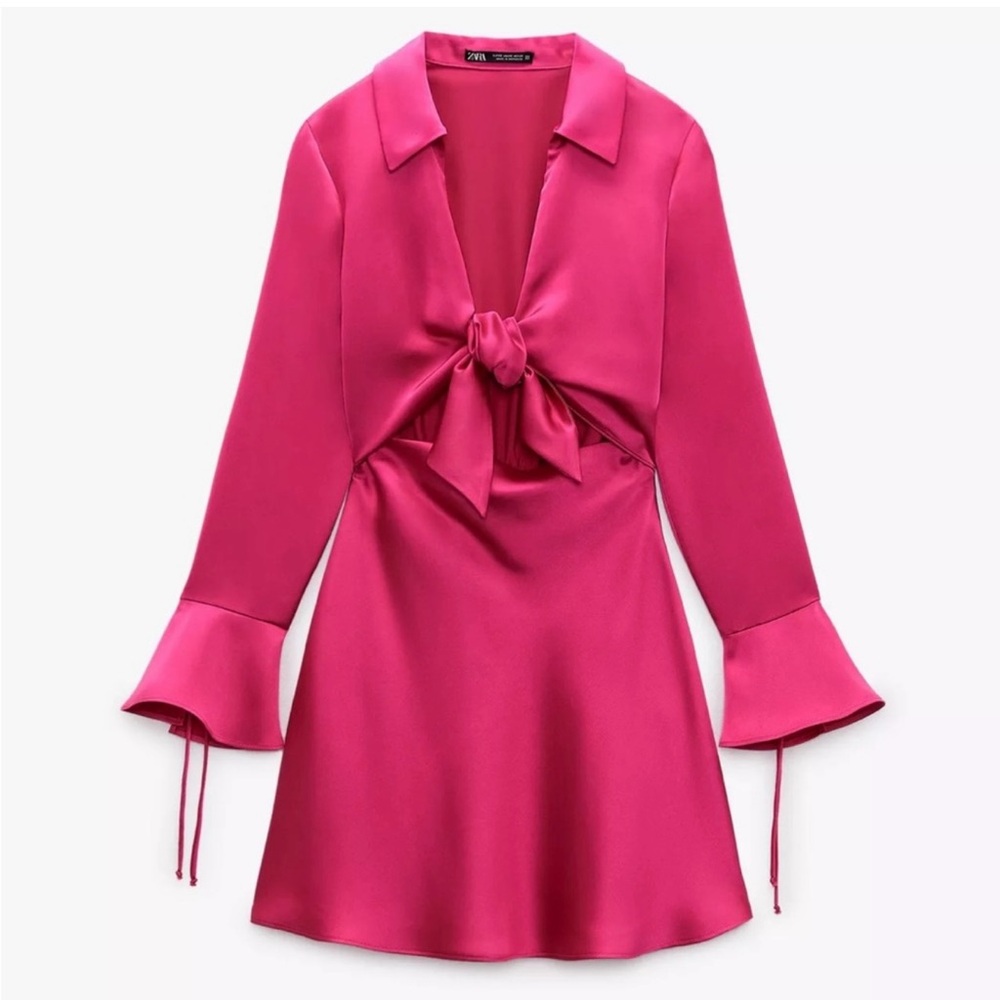 Zara Fuchsia Satin Long Sleeve Dress